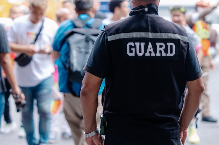 Security guard standing secure in public area