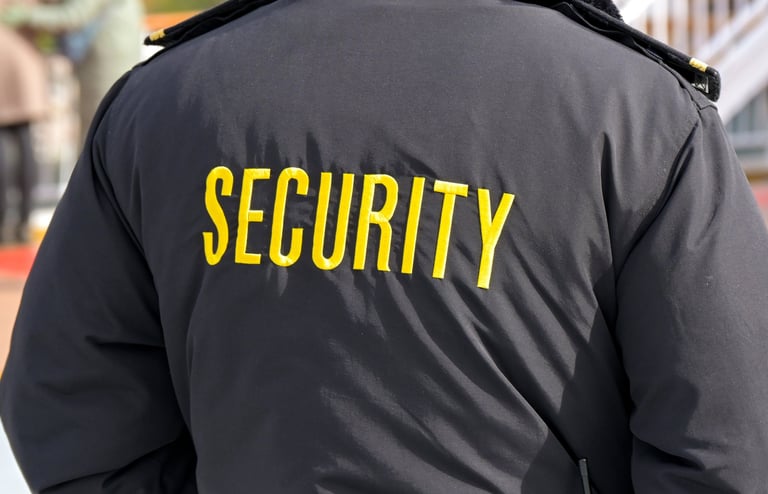 Embroidered word Security on uniform jacket