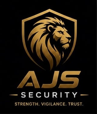 AJS Security logo featuring a golden lion head in a shield with company name and tagline Strength. Vigilance. Trust